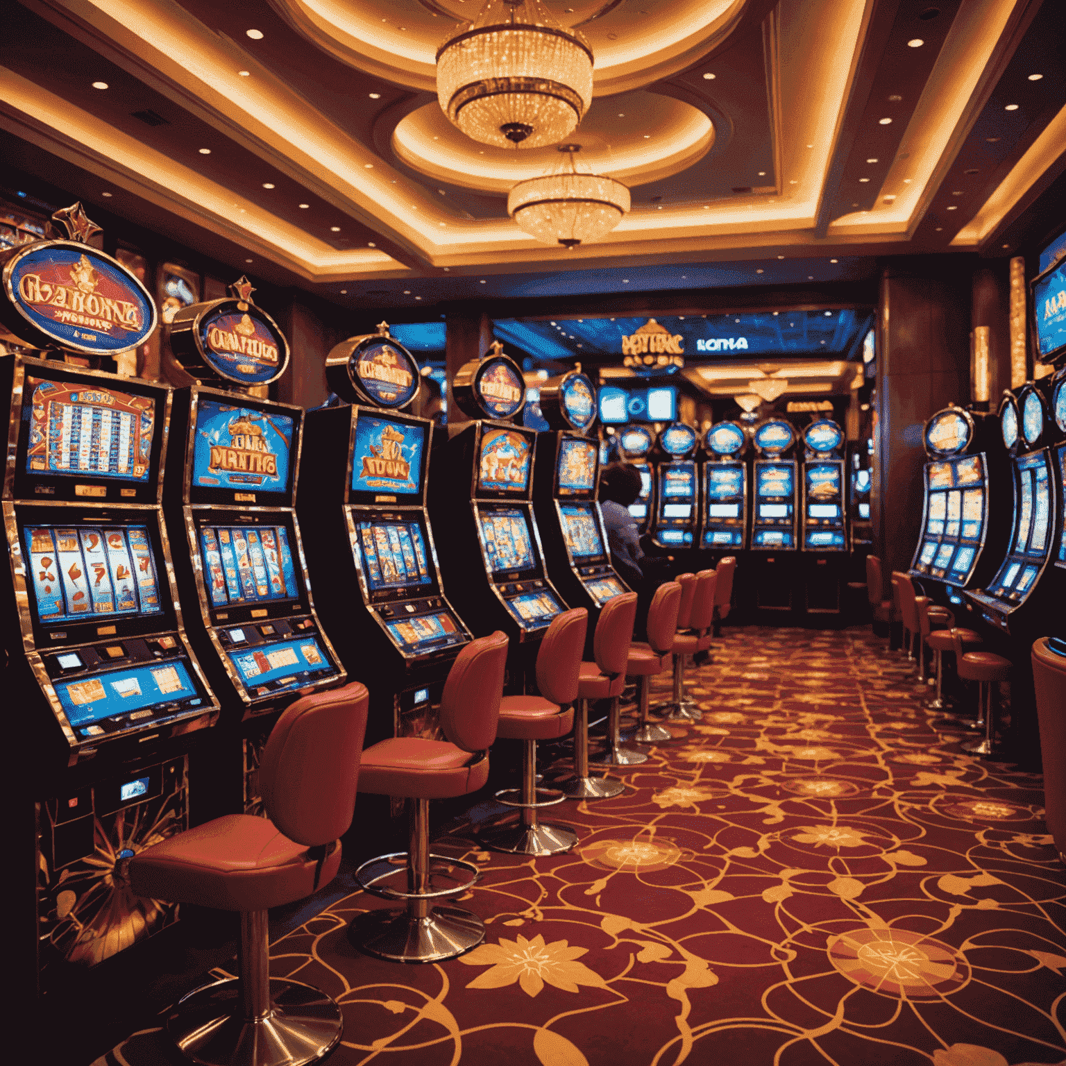 A vibrant casino floor with slot machines and virtual reality headsets, showcasing the blend of traditional and modern gaming experiences
