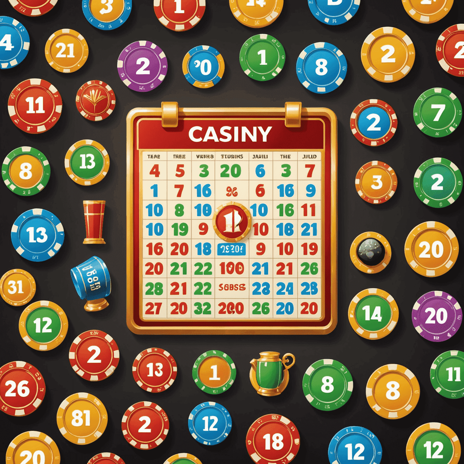 A colorful calendar showing daily bonus icons for a social casino, including chip stacks, tournament trophies, and special event symbols